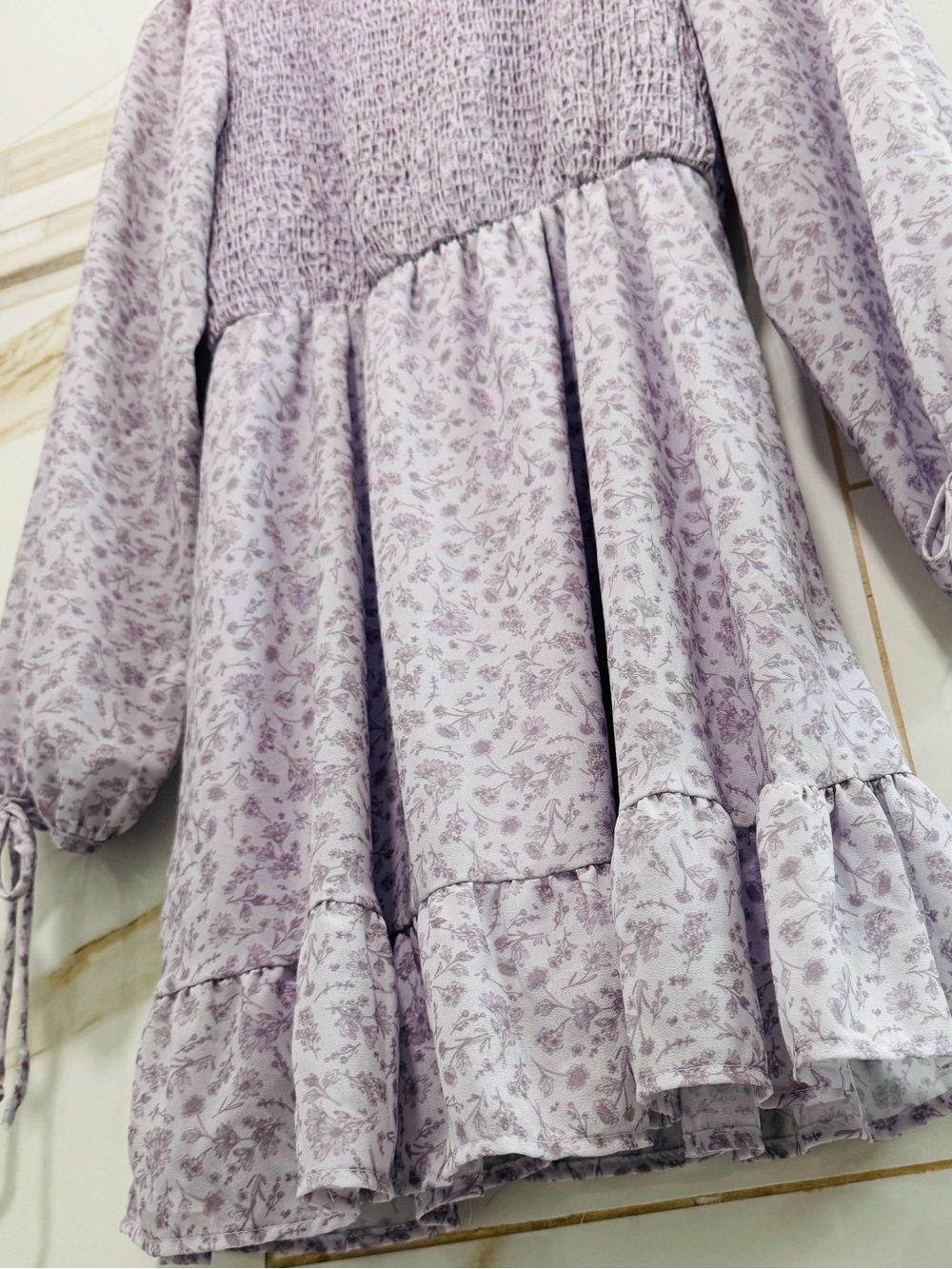 Vintage Cottagecore Lavender Floral Smocked Mini Dress Prairie Romantic Small - Picture 6 of 14